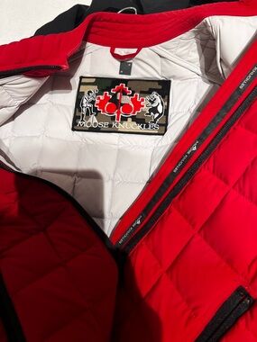 Moose Knuckles Red Quilted Jacket with White Interior and Black Trim